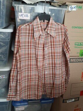 Vintage Long Sleeve Button Down Shirt Orange Brown & White Plaid Checkered Sz M